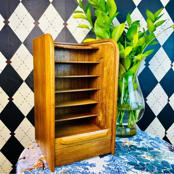 Teak Tambour Door Vintage Desktop Organizer| Recipe Card or Letter Holder - Picture 4 of 17